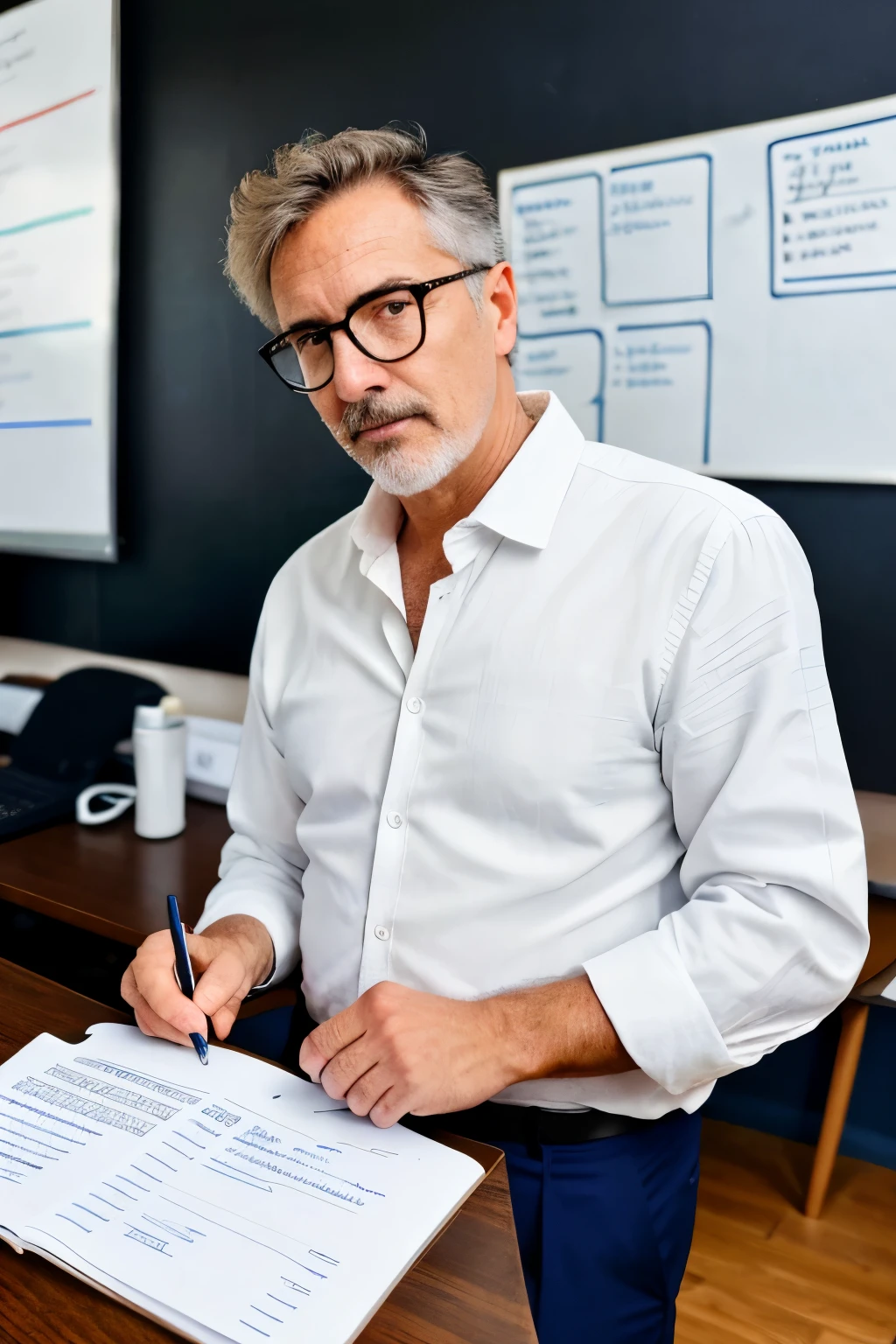 An 50 years old male investor next to a desk, seriously look, wavy short hair, round glasses, dark blue jacket, white shirt, blue canvas trousers, black shoes, a business contract on the table, holding a pen, a whiteboard with business model canvas. ((best quality)), ((masterpiece)), (detailed), perfect face