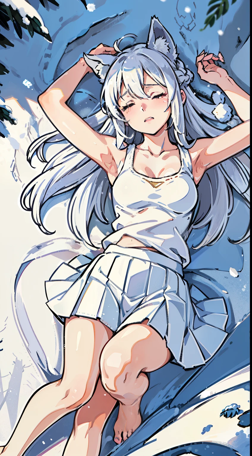 1girl,solo,medium breasts,(white sleeveless and shoulderless t-shirt,cleavage, white pleated skirt),silver hair,long hair,closed eyes,fox ears,((lying dowm in snow,snowing,in a forest)),from above,(bare feet),((pain)),crying