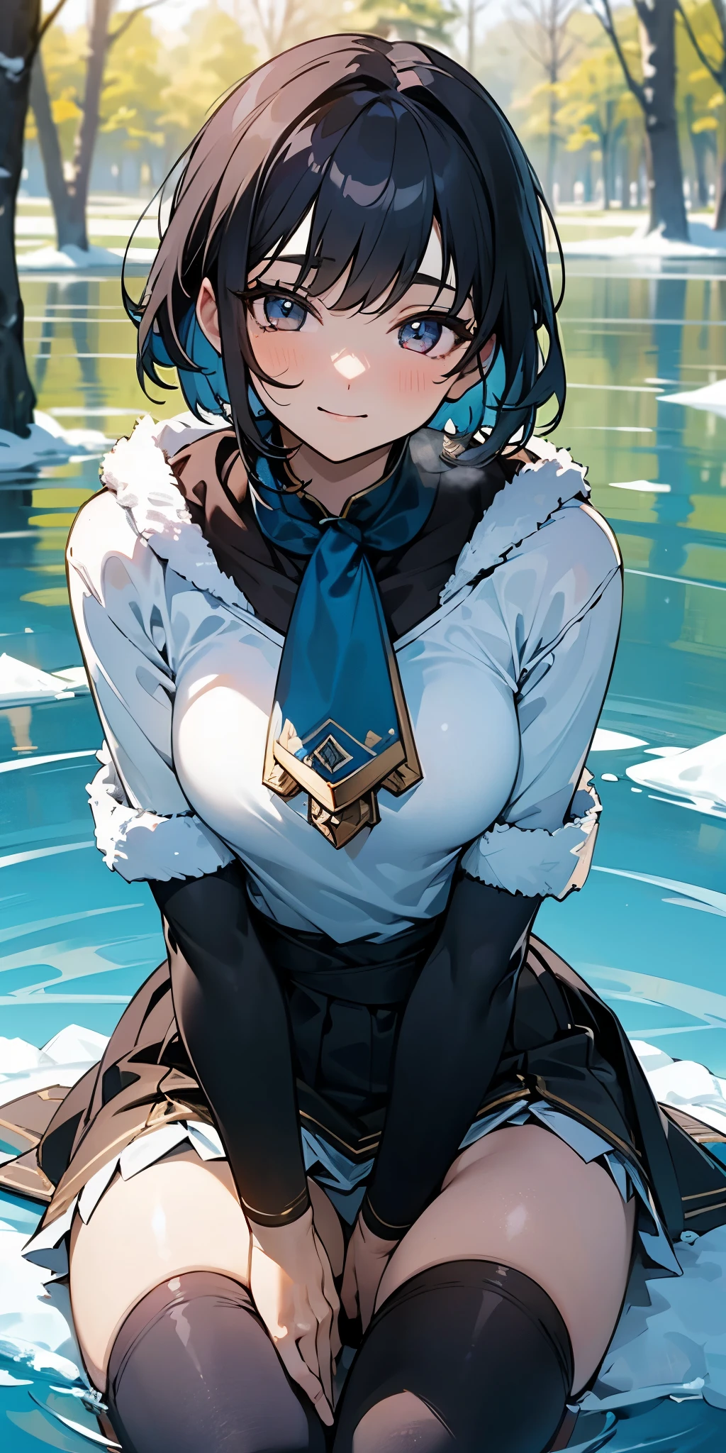 (4k), (high definition picture), (masterpiece), best quality, expressive eyes, perfect face, 1girl, closed mouth, small breasts, skirt lift, detailed, shiny skin, looking at viewer, perfect anatomy, short hair, playful expression, excited expression, playful smile, happy expression, daytime, facing camera, pale skin, blue and white and gold, ((winter clotheined thigh highs,

black hair, winter, frozen lake in background, forest, warm sunlight glow, ☀️,  exposed, sitting, spreading legs --auto --s2