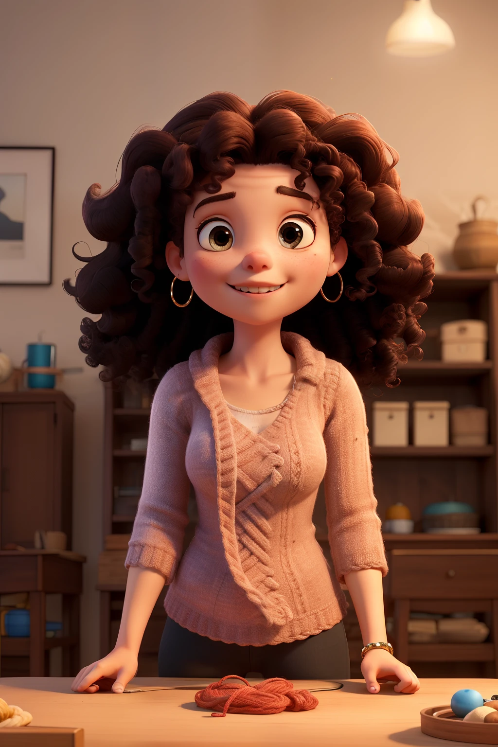 Woman with curly hair crocheting