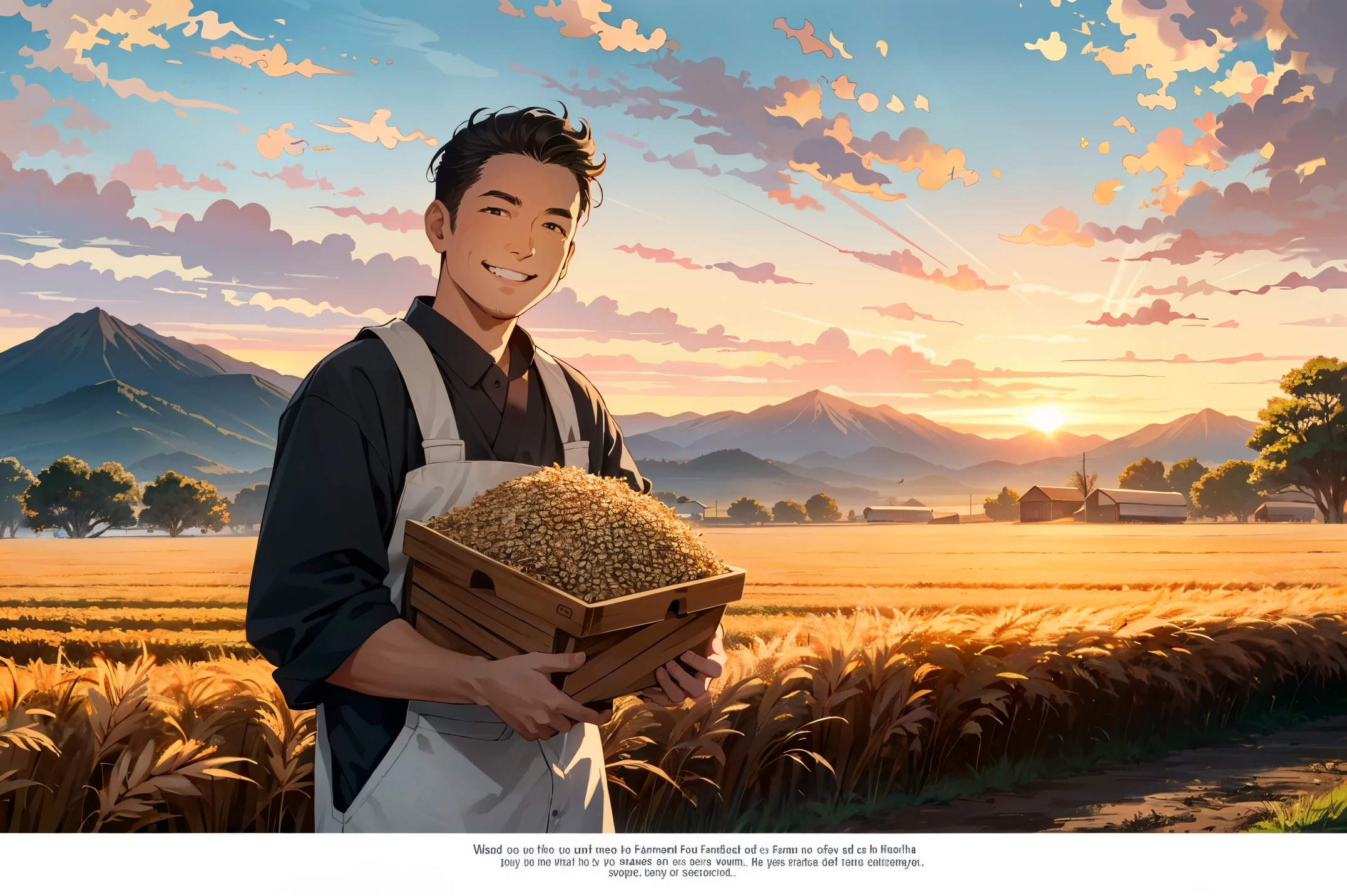 Farm life, harvest season, the farmer returns with full hands and smiling face, behind him is a mountain of grain, the sunset is setting, a peaceful scene, Chinese style, 4k resolution