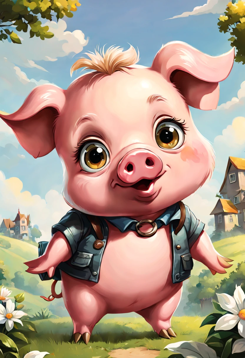 ((perfect piece)), (lots of details), (cute pig with big cartoon-style eyes), ((full body)), (((children's book image)))