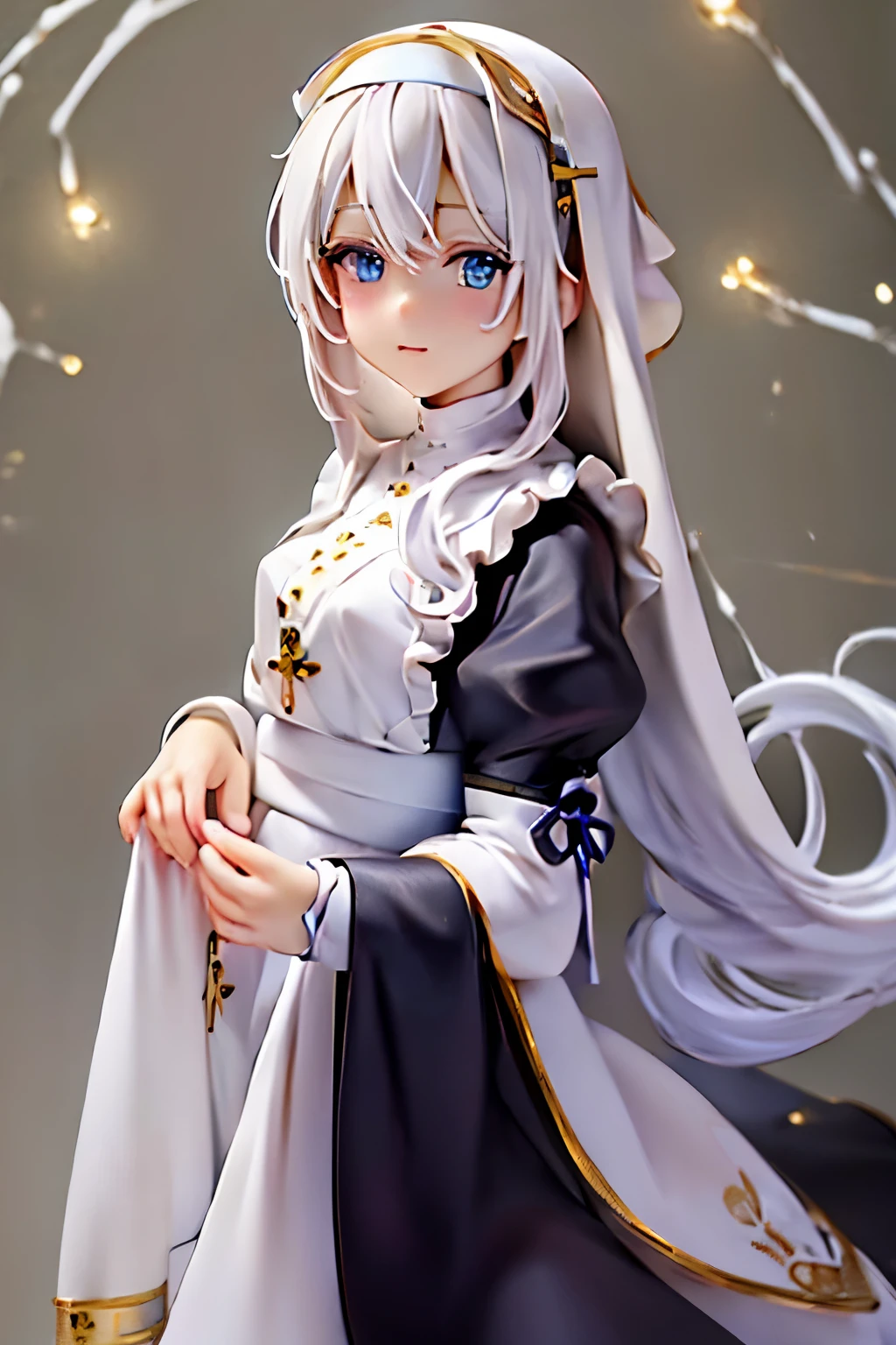 ((masterpiece)), ((highest quality 16k)),((ephemeral)) ((detailed and delicate)), ((fantastic background)) white hair, blue eyes, (solo), cute, nun cassock clothing, priest, kawaiitech, pastel colors, kawaii, cute colors