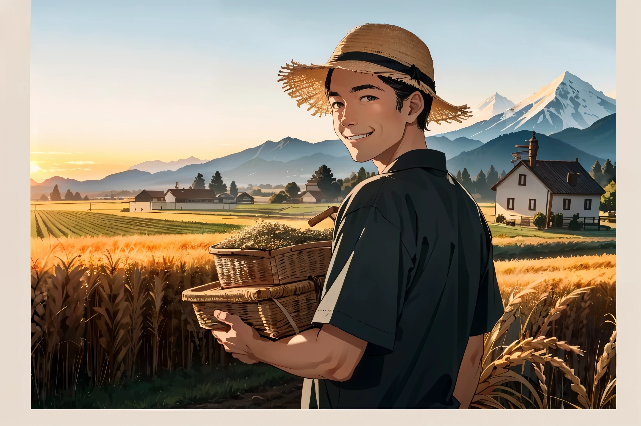 Farm life, harvest season, the farmer returns with full hands and smiling face, behind him is a mountain of grain, the sunset is setting, a peaceful scene, Chinese style, 4k resolution