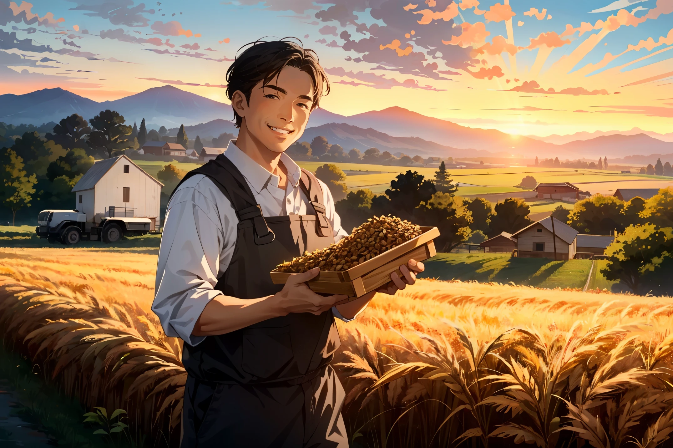 Farm life, harvest season, the farmer returns with full hands and smiling face, behind him is a mountain of grain, the sunset is setting, a peaceful scene, Chinese style, 4k resolution