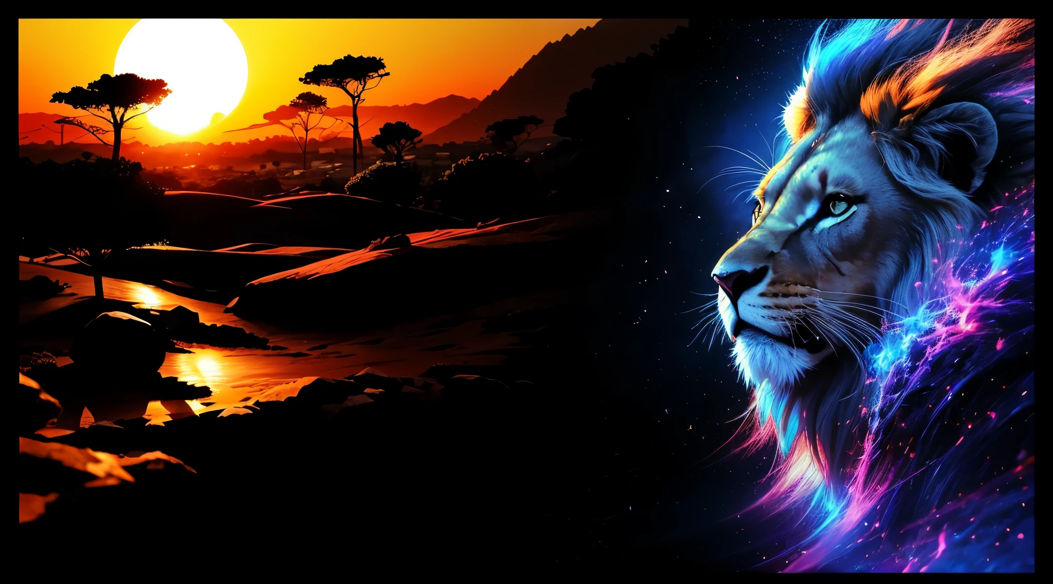 Lion, Divine Lion, Lion King, Lion Majestic, natural, Natureza, renderizado, fotorrealista, UltraHD, 4k, texturasdetalhadas, thunders, sombras detalhadas, cores detalhadas, por do sol, sol se pondo, Sunset, Natureza Linda, Great Divine, por do sol, contraste detalhado, contraste realista, alta resolução, cores detalhadas, fogo, eletricidade, divina criatura, 8k, Detailed Realistic, 16K, 8K, HD, Elegante,