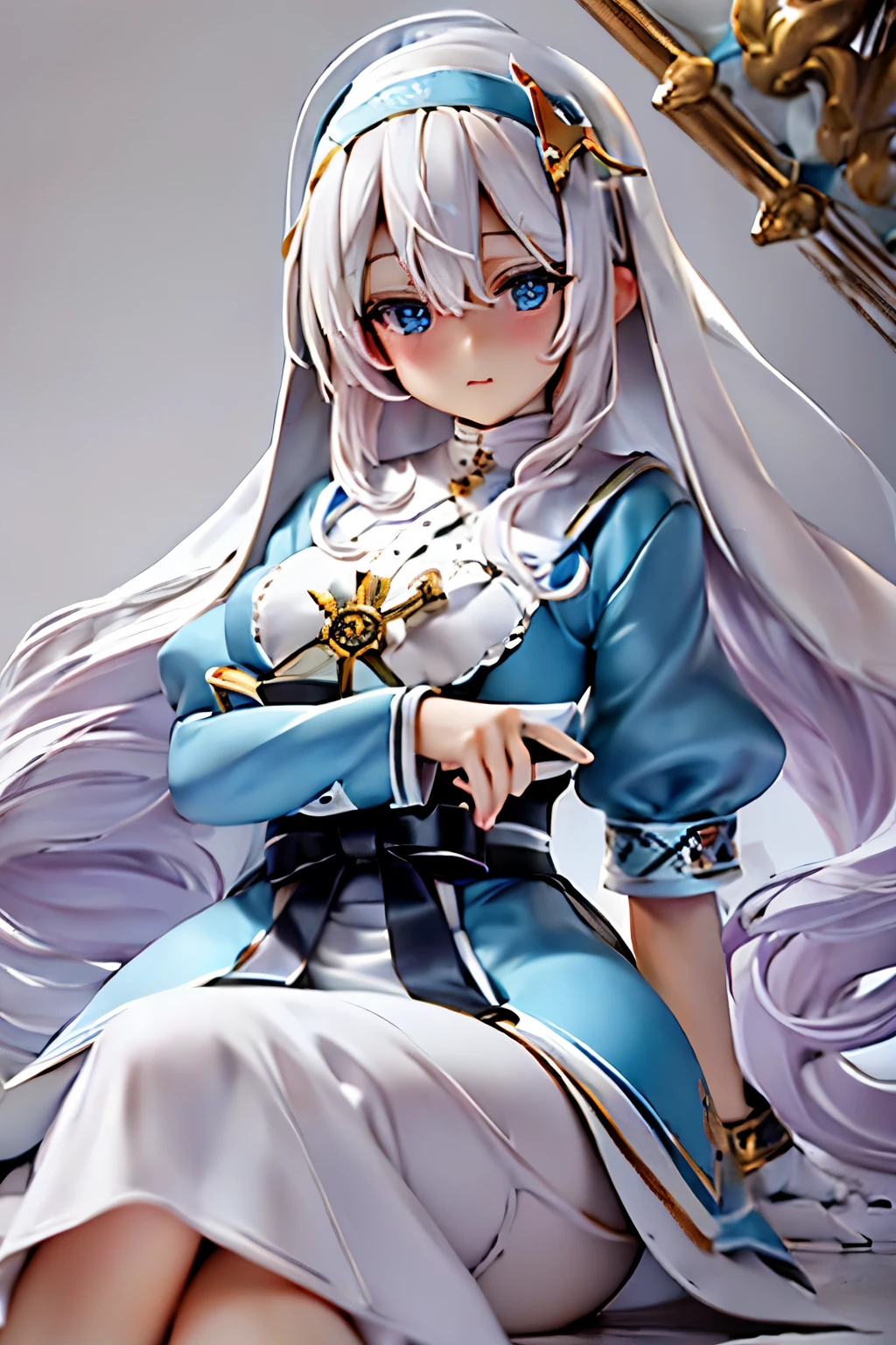 ((masterpiece)), ((highest quality 16k)),((ephemeral)) ((detailed and delicate)), ((fantastic background)) white hair, blue eyes, (solo), cute, nun cassock clothing, priest, kawaiitech, pastel colors, kawaii, cute colors