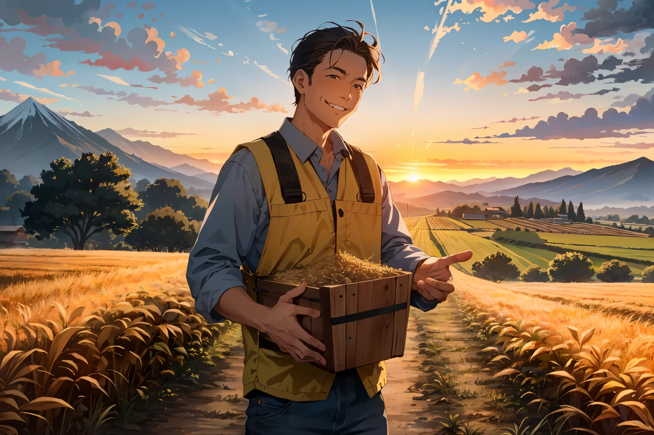 Farm life, harvest season, the farmer returns with full hands and smiling face, behind him is a mountain of grain, the sunset is setting, a peaceful scene, Chinese style, 4k resolution