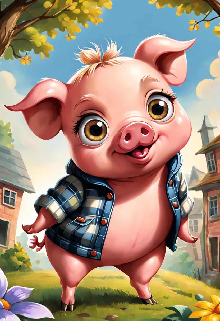 ((perfect piece)), (lots of details), (cute pig with big cartoon-style eyes), ((full body)), (((children's book image)))