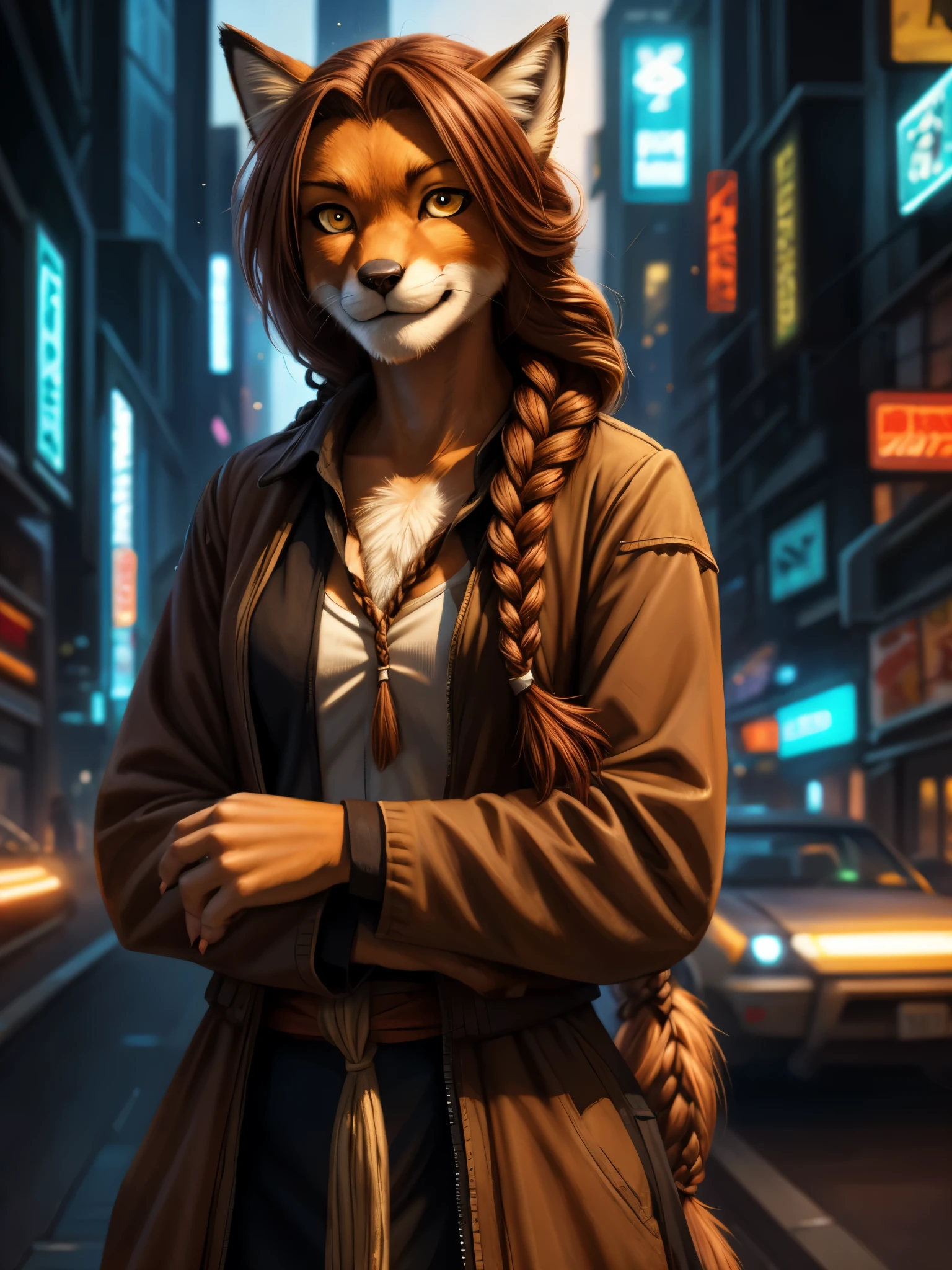 by kenket, by totesfleisch8, (by thebigslick, by silverfox5213:0.8), (by syuro:0.2), Laura, Keidran, twokinds, by tom_fischbach,, (best quality, masterpiece:1), solo, furry female anthro, golden eyes, long hair, ((braided hair)), reddish brown hair, portrait, fingers, finger claws, looking at viewer, fox tail, (outdoors sci-fi cyberpunk city blurry blurred background:1.1),