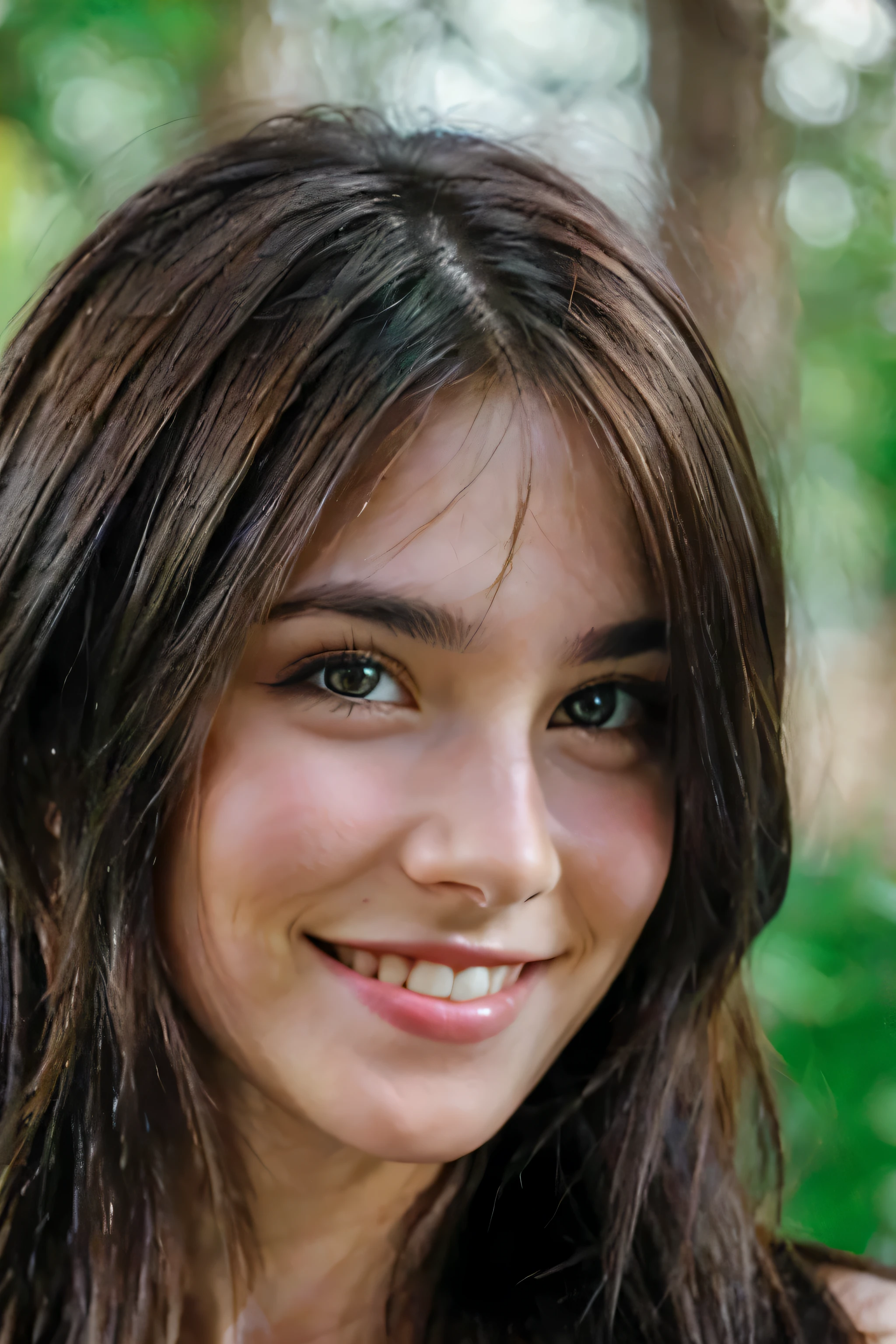 Beautiful brunette smiling, green eyes, long hair, front face