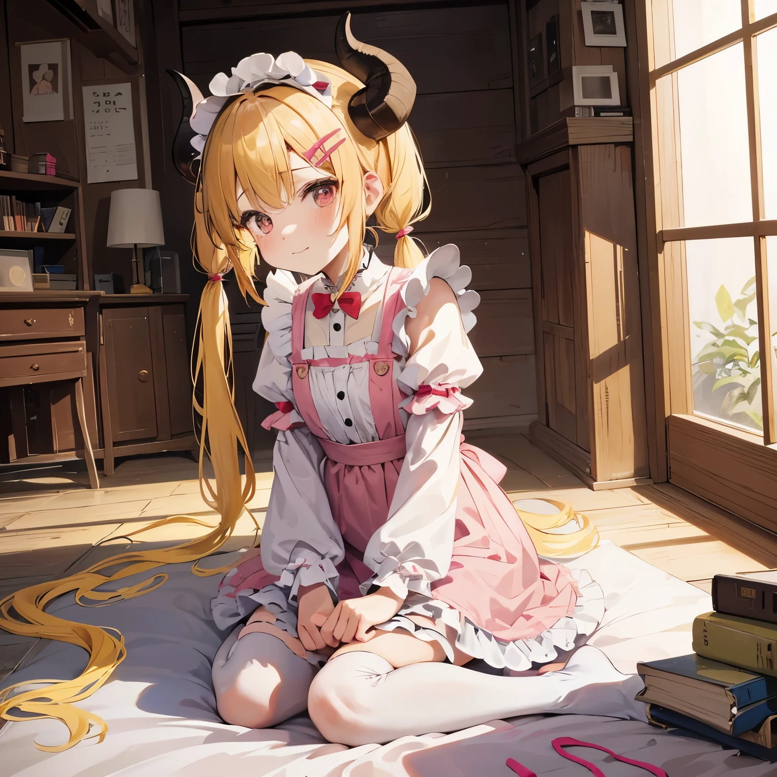 horns grow on the head,corner ???,kawaii girl,前髪ぱっOneん,A dark-haired,yellow hair clips in pigtails,Pigtails are in a low position,Pink maid clothes,feel shy,A slight smil,Inside the castle,Begging.brown corner2One,girl with horns