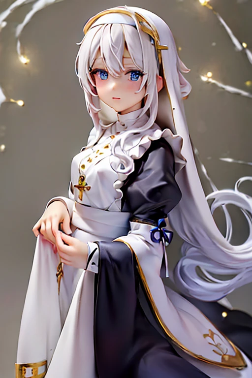 ((masterpiece)), ((highest quality 16k)),((ephemeral)) ((detailed and delicate)), ((fantastic background)) white hair, blue eyes, (solo), cute, nun cassock clothing, priest, kawaiitech, pastel colors, kawaii, cute colors