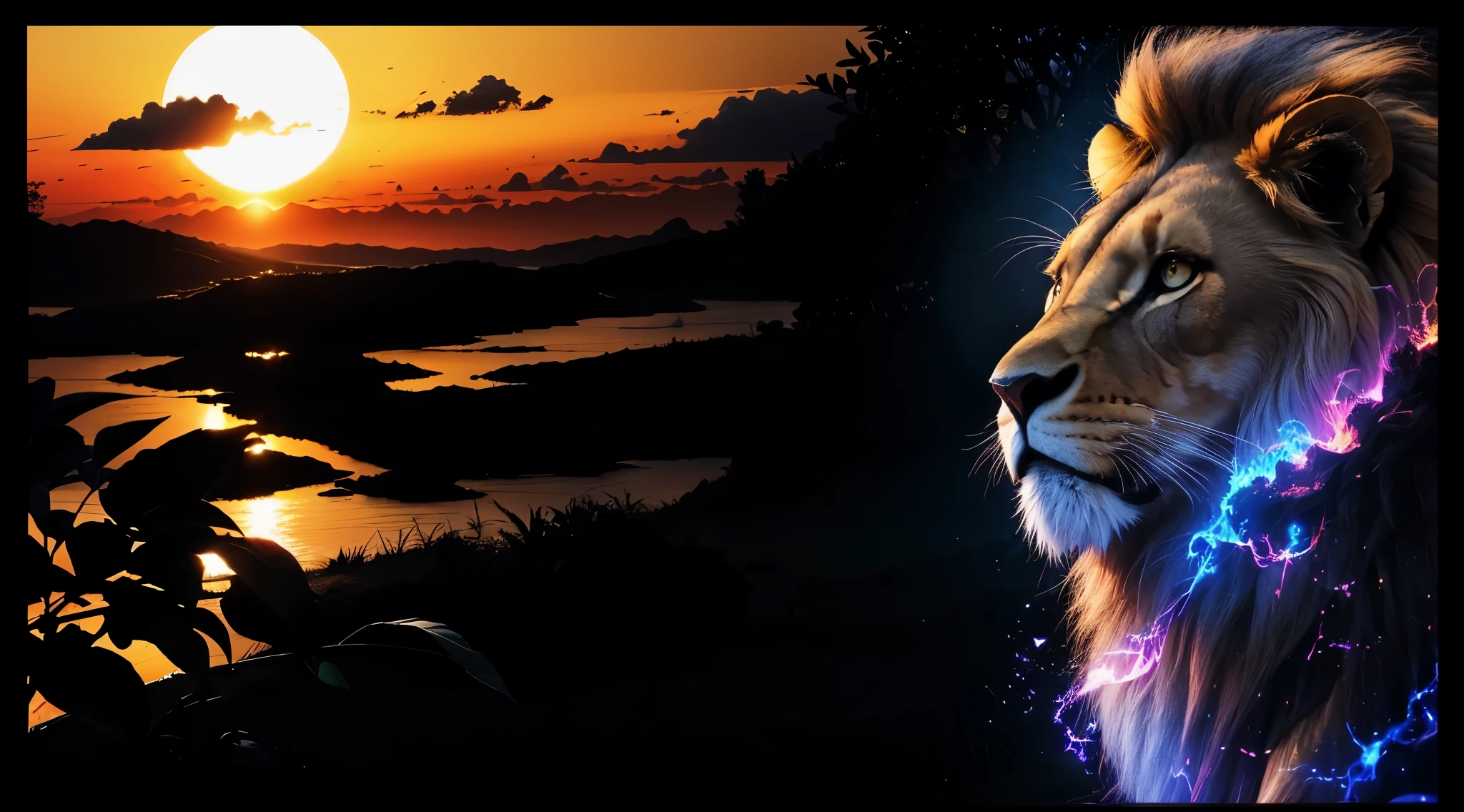 Lion, Divine Lion, Lion King, Lion Majestic, natural, Natureza, renderizado, fotorrealista, UltraHD, 4k, texturasdetalhadas, thunders, sombras detalhadas, cores detalhadas, por do sol, sol se pondo, Sunset, Natureza Linda, Great Divine, por do sol, contraste detalhado, contraste realista, alta resolução, cores detalhadas, fogo, eletricidade, divina criatura, 8k, Detailed Realistic, 16K, 8K, HD, Elegante,