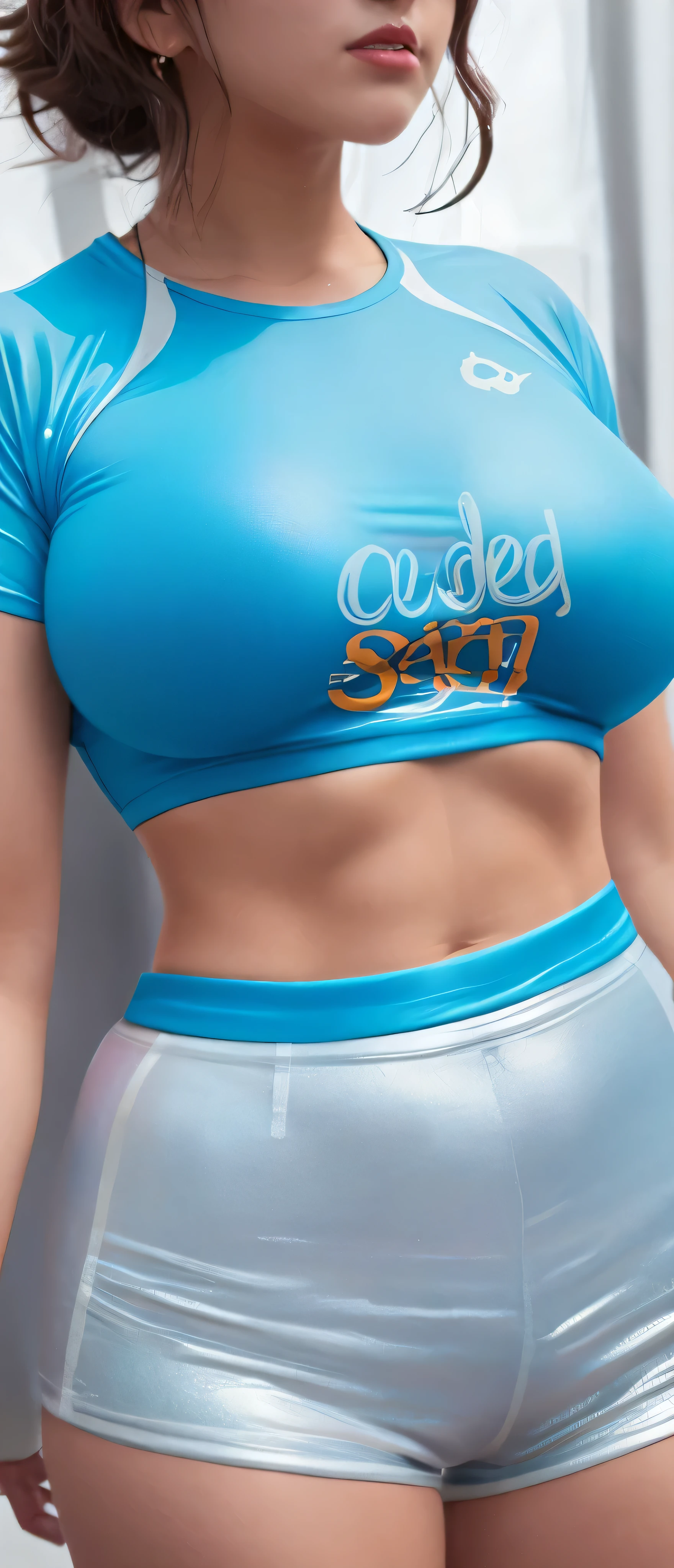 there is a woman in a short shorts and a crop top, she has a jiggly fat round belly, thicc, upper body visible, belly button showing, blue paint on top, wearing translucent sheet, blue tight tshirt, top half of body, physical : tinyest midriff ever, fluffy chest, cut out, jacket over bare torso