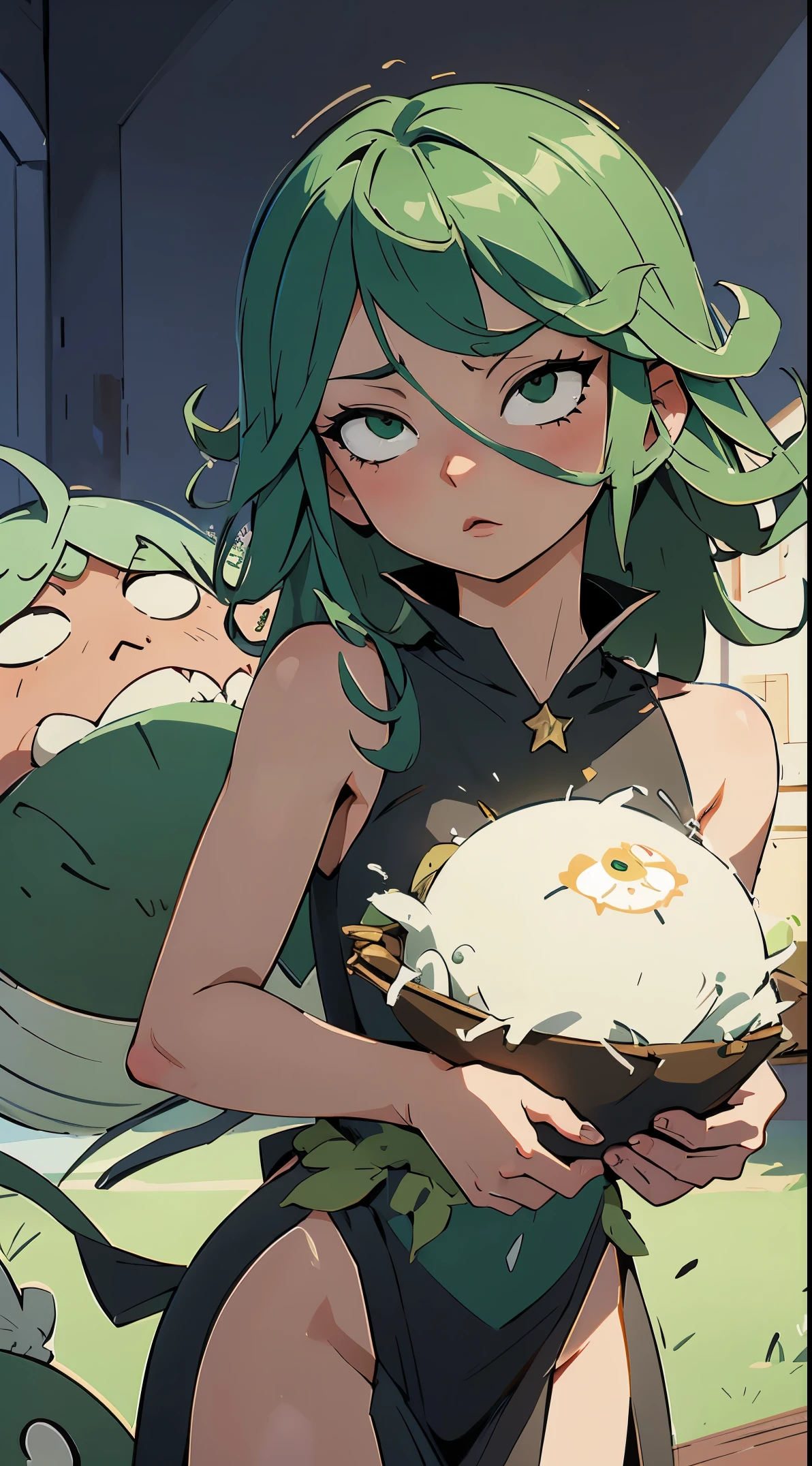 NSFW , Tatsumaki com magia medieval ao lado da albedo, looking at the camera