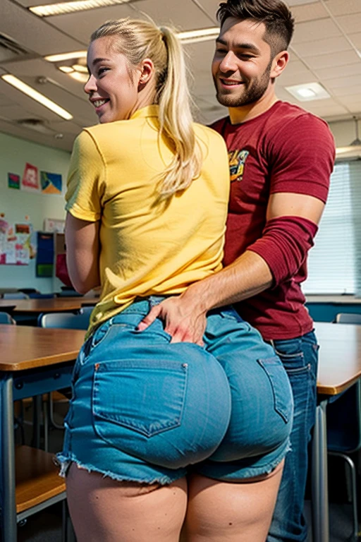 two people, one male, one female, male groping female, classroom setting, girl dressed in jean shorts, girl is bending over desk. She is biting her lip and smiling, Girl is voluptuous, wide hips, thick thighs, big ass, blonde hair, ponytail, big thick ass, juicy ass, 1guy standing behind girl, he's groping her ass, he's squeezing her ass, he's grabbing her ass