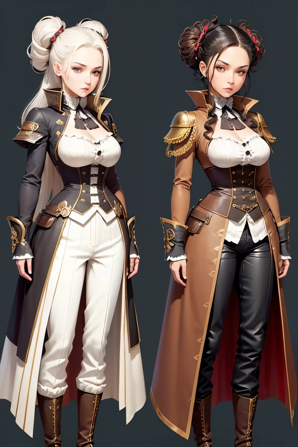 ((tmasterpiece)), (((beste-Qualit))), illustartion, (Character design, same character, frontal view), Mature woman, light skin, Eyes of different colors, hair light, hairlong, steampunk clothes, mismatched clothes, waist-high, (whitebackground: 1.3) ,--6