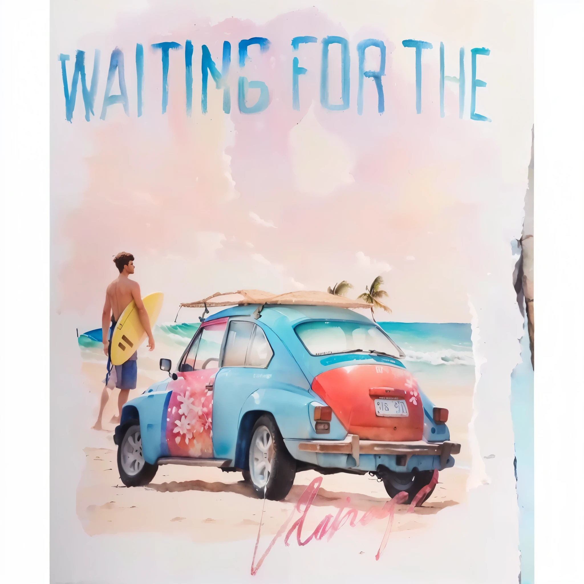arte aquarelado de praia e um funca coom uma prnacha de surf