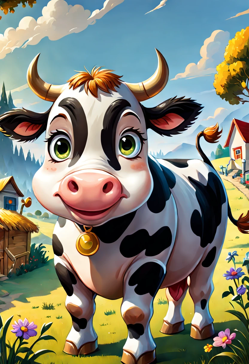 ((perfect piece)), (lots of details), (cute cow with big cartoon-style eyes), ((full body)), (((children's book image)))