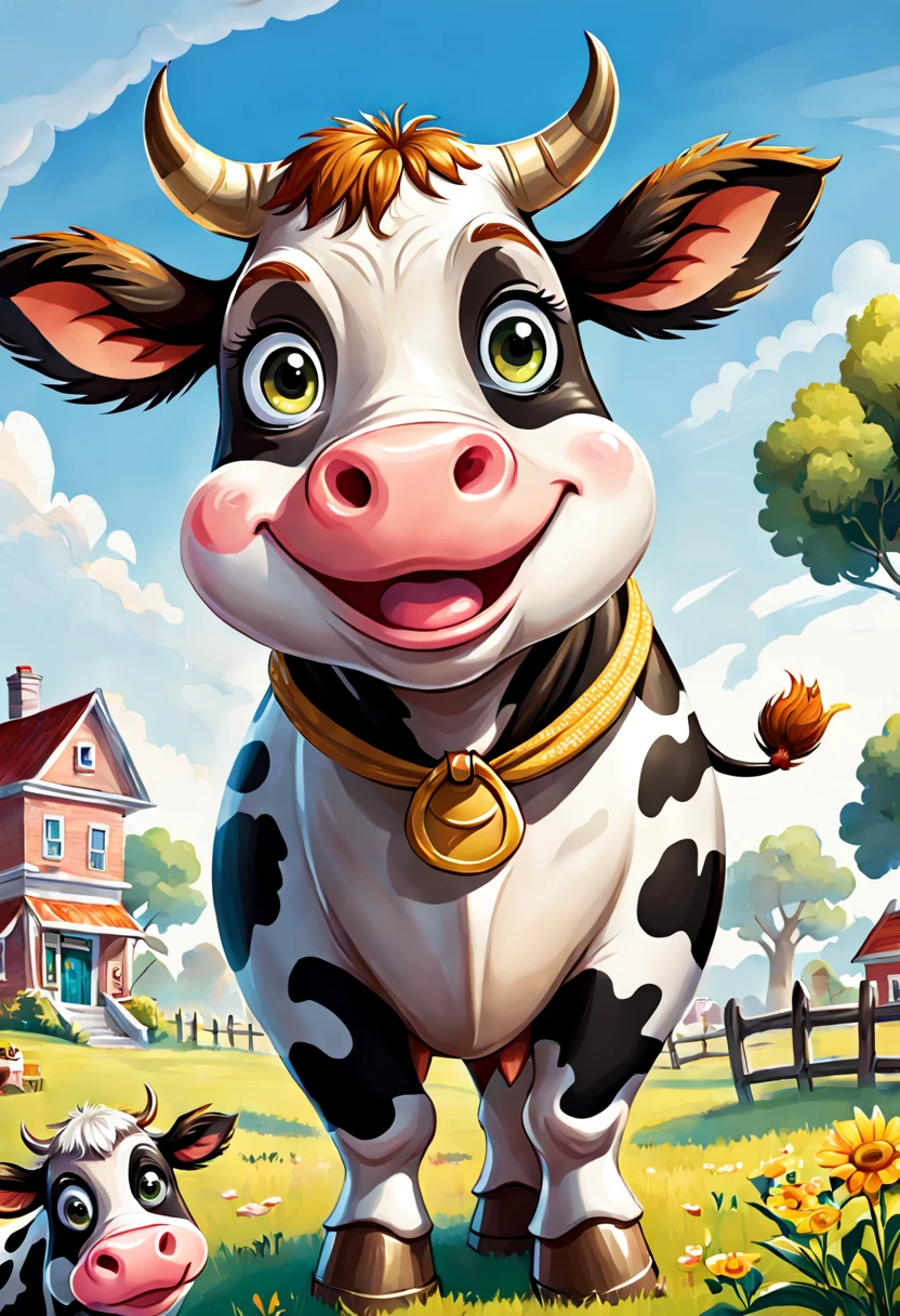 ((perfect piece)), (lots of details), (cute cow with big cartoon-style eyes), ((full body)), (((children's book image)))