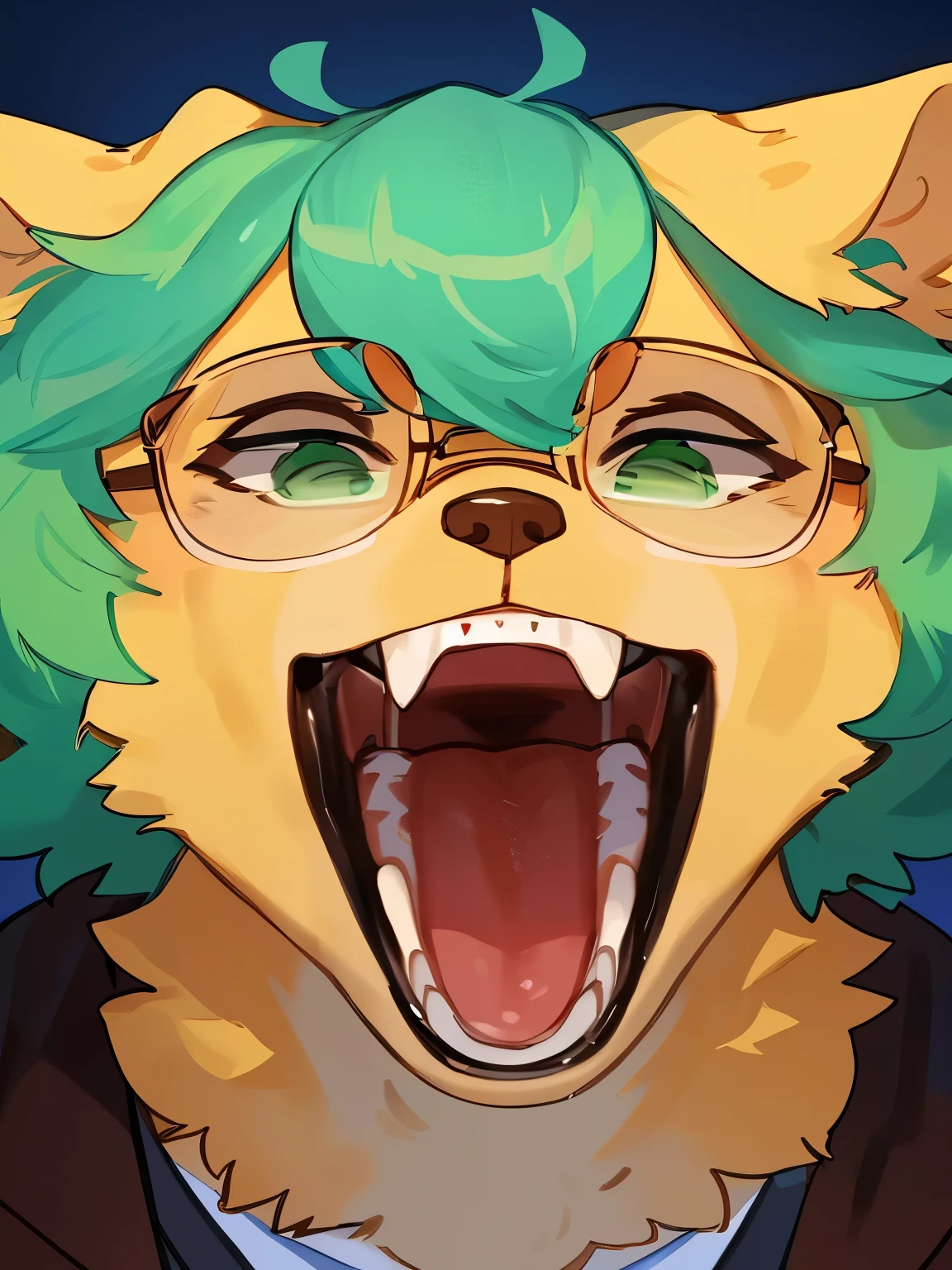 By bebebebebe, by lostgoose, by goonie-san, solo, female, standing, ((yellow fur, green hair, snout)), golden retriever, canine, messy hair, wavy hair, short hair, open mouth, hungry expression, evil expression, ((glasses, green eyes)), imminent vore, detailed mouth, focus on mouth, closeup of mouth