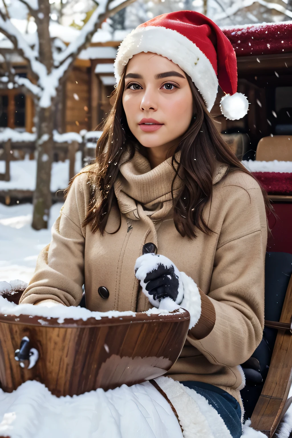 A beautiful girl wears a tailored wool coat, a cashmere turtleneck sweater. A faux fur-trimmed hat and gloves complete the classic winter look. Ambient: he countryside is blanketed in snow, and a horse-drawn sleigh glides through picturesque landscapes. Bells jingle as the sleigh moves through the serene winter scene. She has a brown silky hair, big brown eyes, beautiful face, bright facial skin, beautiful hand, impressionless, very beautiful Instagram model, realistic image. Dynamic composition, motion, ultra - detailed, incredibly detailed, a lot of details, amazing fine details and brush strokes, smooth