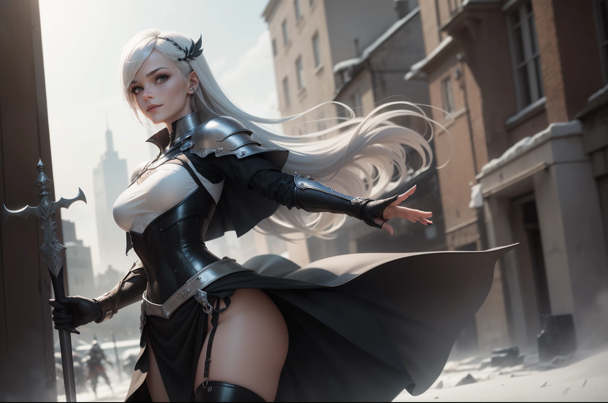 gwen tennyson,yorha 2b,riven,tracer,1girl, overwatch,atelier ryza,close up,battlefield view,tattoos,royal gray and white plugsuit,white short sleeve knight tunic,short sleeve knight full plate armor,long knight skirt,white knight corset,long hair,princess makeup,green eyes,multicolored silver hair,long dress train,shy smile,freckles,beautiful girl, knight thigh high boots,large breasts,8k,ultra detailed,realistic,fantasy art,steel knight uniform,queen gown dress,hair pin,ear piercings,snowflake hand and neck jewelry,(weather:windy),long gray knight cape,holding a sword on each hand,(pose:ready to attack),solo girl,