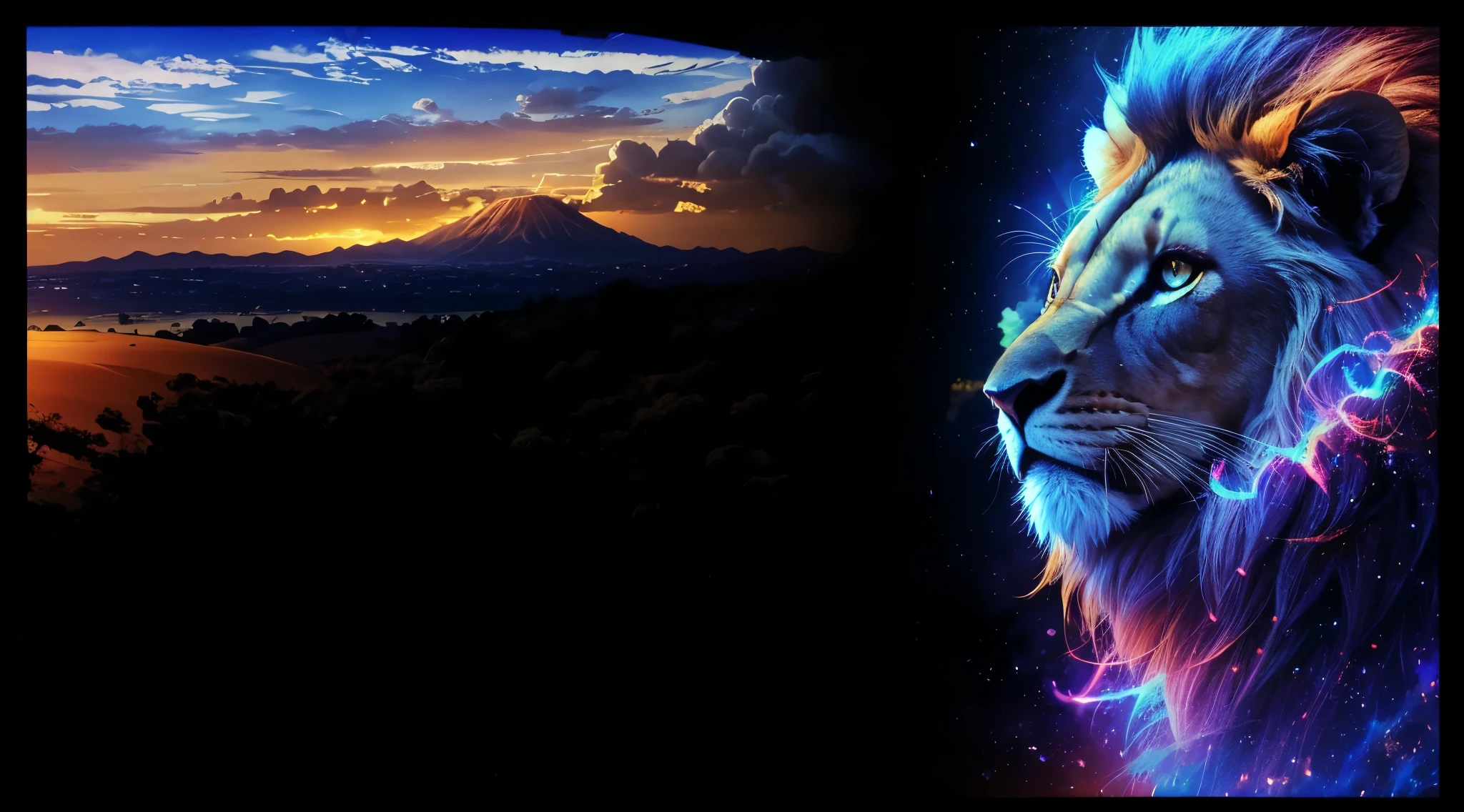 Lion, Divine Lion, Lion King, Lion Majestic, natural, Natureza, renderizado, fotorrealista, UltraHD, 4k, texturasdetalhadas, thunders, sombras detalhadas, cores detalhadas, por do sol, sol se pondo, Sunset, Natureza Linda, Great Divine, por do sol, contraste detalhado, contraste realista, alta resolução, cores detalhadas, fogo, eletricidade, divina criatura, 8k, Detailed Realistic, 16K, 8K, HD, Elegante,