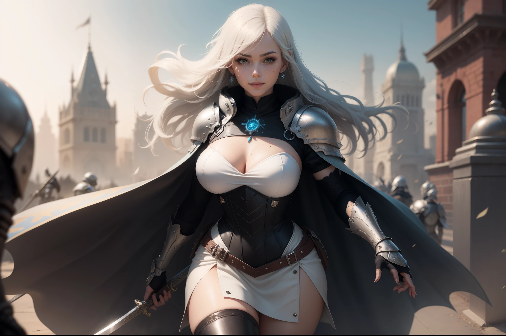 gwen tennyson,yorha 2b,riven,tracer,1girl, overwatch,atelier ryza,close up,battlefield view,tattoos,royal gray and white plugsuit,white short sleeve knight tunic,short sleeve knight full plate armor,long knight skirt,white knight corset,long hair,princess makeup,green eyes,multicolored silver hair,long dress train,shy smile,freckles,beautiful girl, knight thigh high boots,large breasts,8k,ultra detailed,realistic,fantasy art,steel knight uniform,queen gown dress,hair pin,ear piercings,snowflake hand and neck jewelry,(weather:windy),long gray knight cape,holding a sword on each hand,(pose:ready to attack),solo girl,