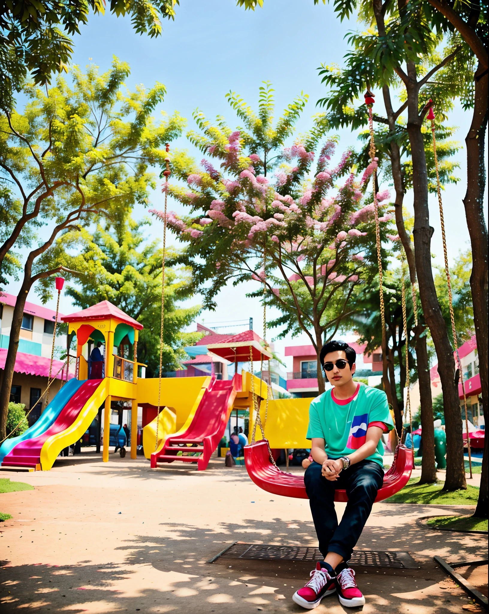 araffe sitting on a swing in a colorful playground area, taken with the best dlsr camera, candid picture, very artistic pose, with a cool pose, casual photography, with accurate face, with lovely look, inspired by Saurabh Jethani, stylish pose, at college, cool pose, full body photogenic shot, photo taken with canon 5d, very cool pose