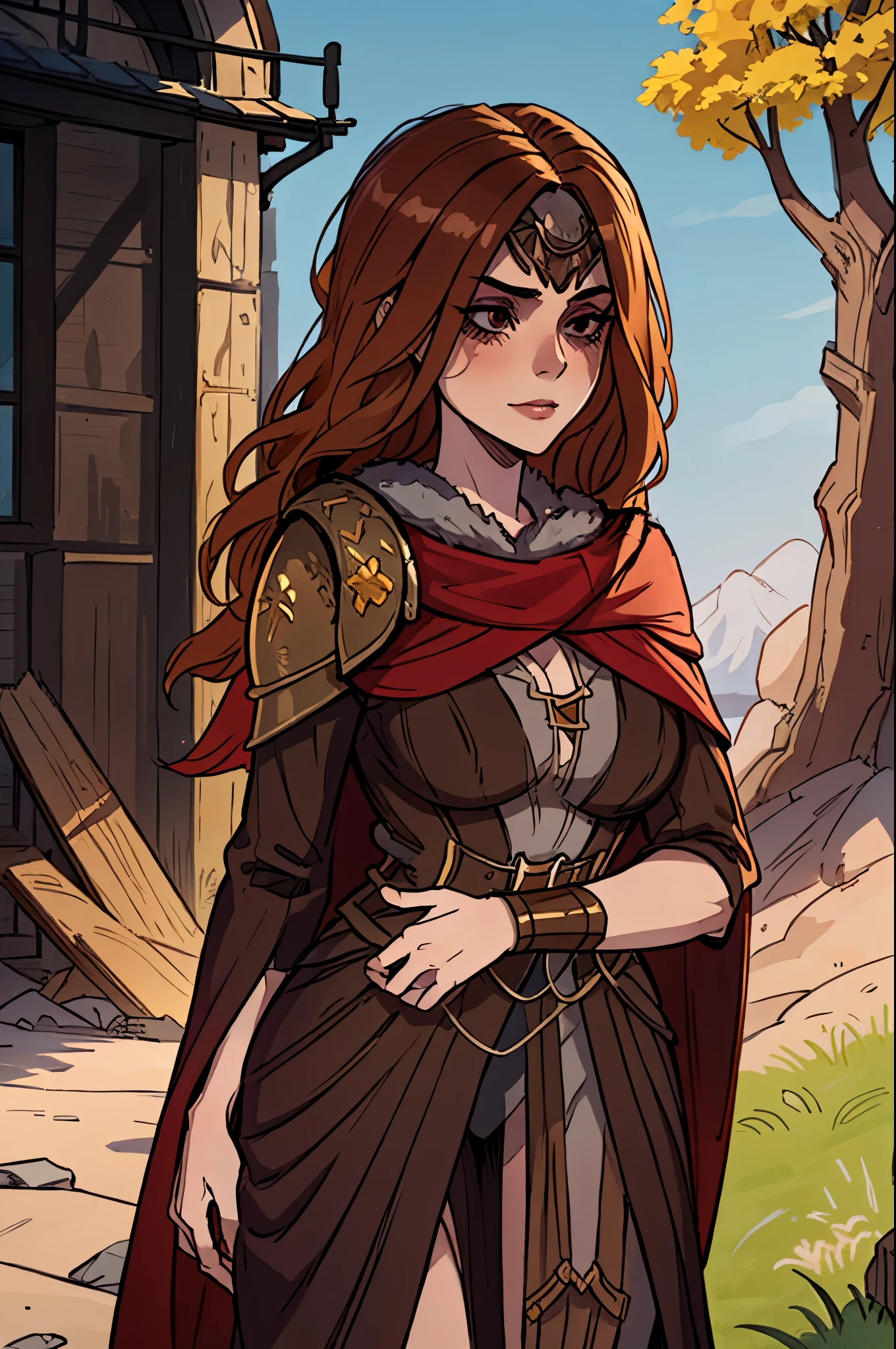 Highly detailed, Best Quality, Masterpiece, beautiful, 1girl, MaleniaDef, MaleniaDef, armor, cape, brown dress, solo female, face portrait, solo girl, blind