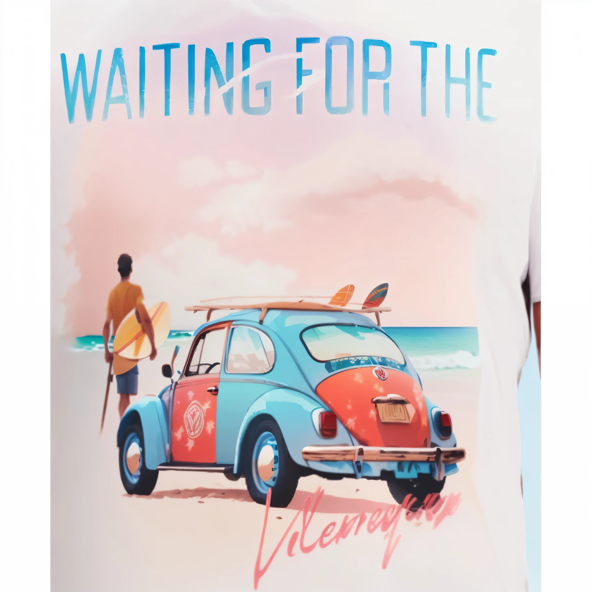 Plowed-up Volkswagen Beetle with surfboard on the back, summer shirt, espera, graphic print, Waring uma camisa havaiana, vestindo uma camiseta, summer scenery, standing near the beach, vestindo uma camiseta tie-dye, posing for the camera, na praia, estampado em uma camiseta de linho creme, ao sol, Parecendo quente