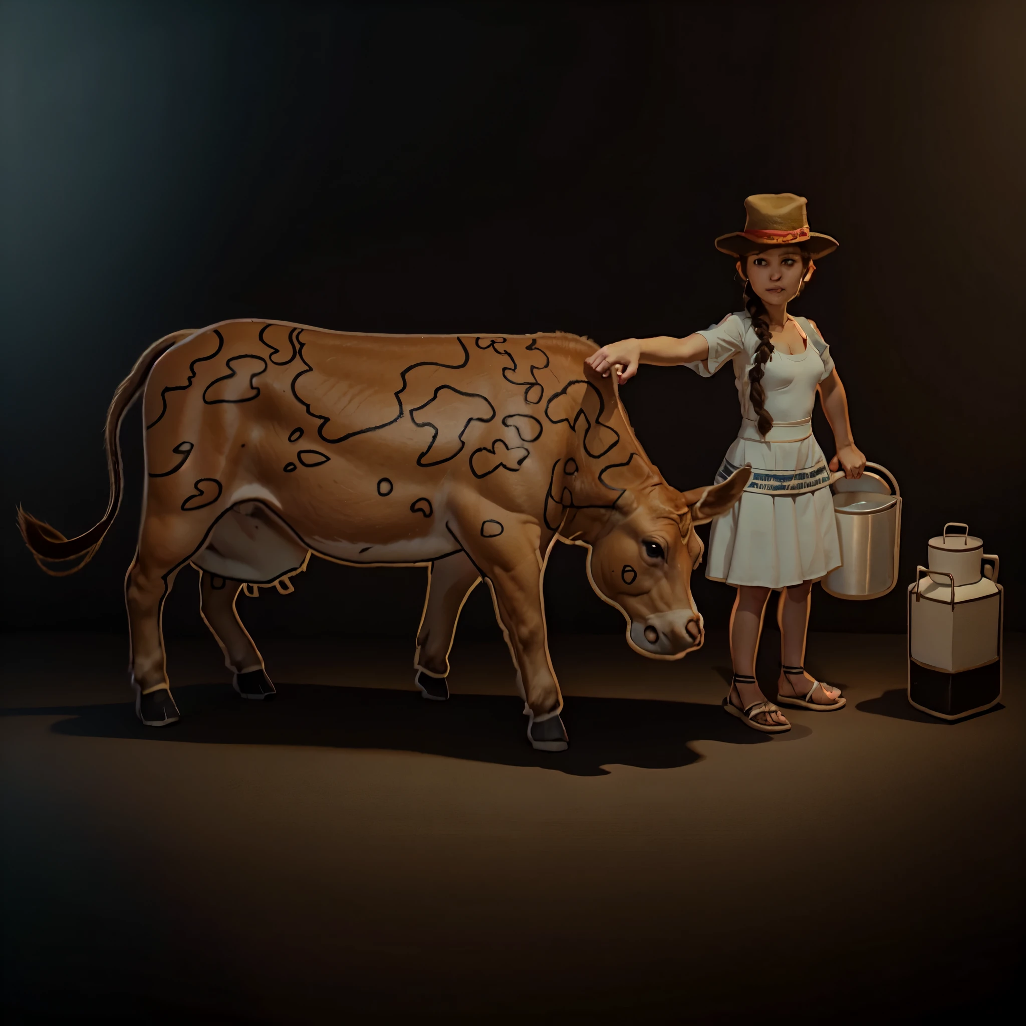 vaca y mujer con trenza y sombrero boliviana con una vaca, galon de leche