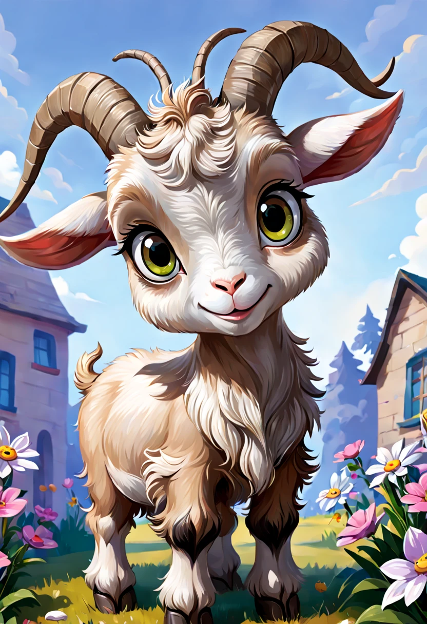 ((perfect piece)), (lots of details), (cute goat with big cartoon-style eyes), ((full body)), (((children's book image)))