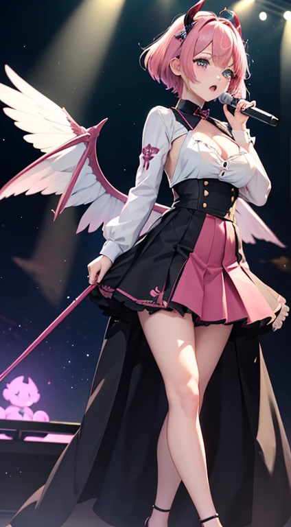 Anime illustration style,a beauty girl,demonic horns,Devil's wings on the back,(full bodyesbian),((Draw to the tips of your feet))、Standing,((hi-school girl)),校服,pleatedskirt,preppy style,((Short Bob))(,short-cut),A little bit of sagging eyes,High skin exposure,Pink hair,(The color of the eyes is green),Eye color is emerald green,The navel is visible,Navel Ejection,There is a hole where you can see the cleavage、(((Idol costumes))),(((Singing a song))),is singing,((Have a hand microphone)),The background is a live stage,HIPPHOP