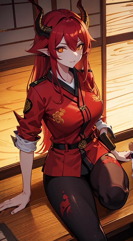 Yokai Dragon Fem With Red Skin and Hair, Yellow Eyes.
