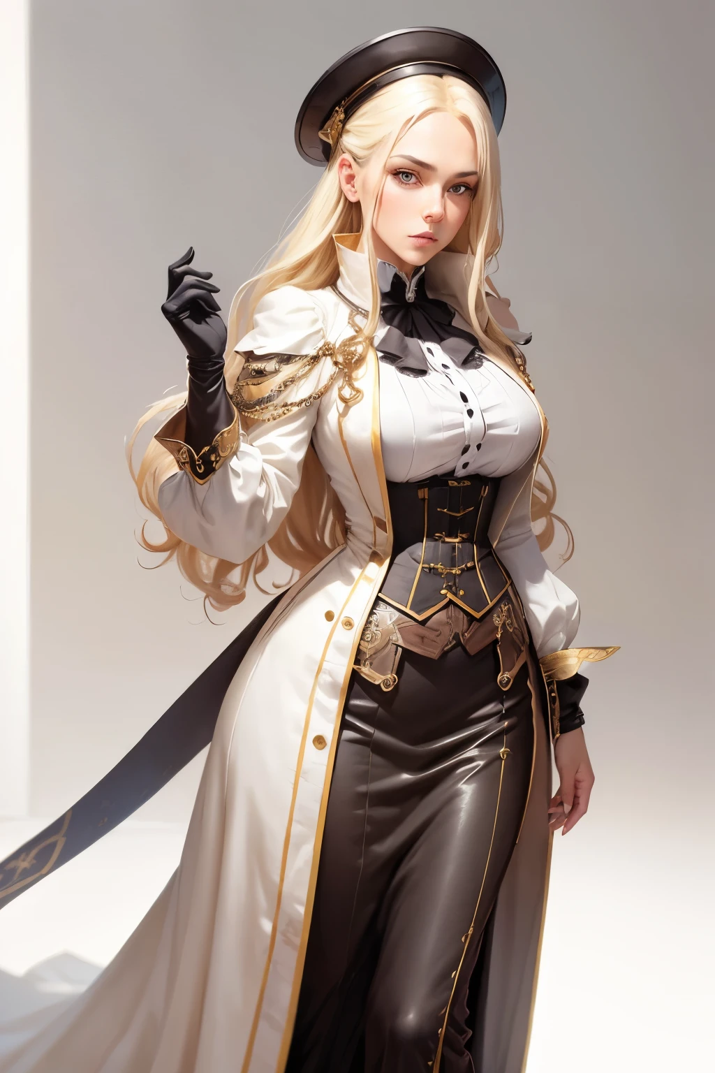 ((tmasterpiece)), (((beste-Qualit))), illustartion, (Character design, same character, frontal view), Mature woman, light skin, Eyes of different colors, blonde hair, hairlong, steampunk clothes, Floor-length skirt, waist-high, (whitebackground: 1.3) ,--6