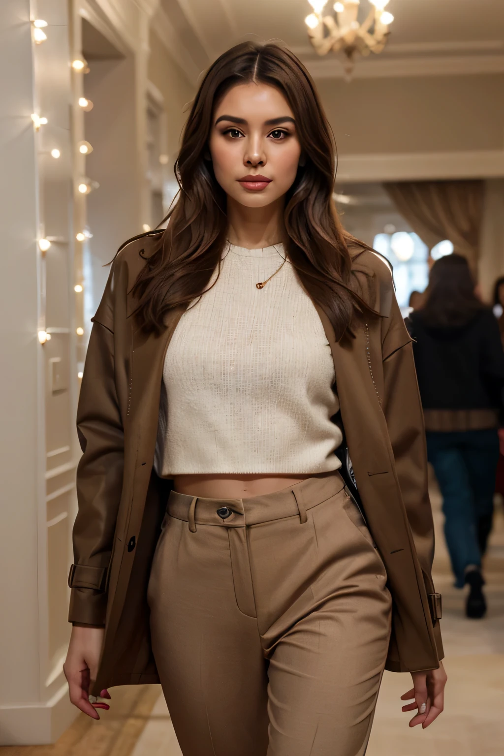 A beautiful girl dons a designer winter coat, tailored trousers. Statement jewelry and a sleek clutch complete the high-fashion look. Ambient: The runway is adorned with frosty décor and sparkling lights. Models showcase the latest winter fashion trends as attendees enjoy the glamorous ambiance. She has a brown silky hair, big brown eyes, beautiful face, bright facial skin, beautiful hand, impression-less, very beautiful Instagram model, realistic image. Dynamic composition, motion, ultra - detailed, incredibly detailed, a lot of details, amazing fine details and brush strokes, smooth