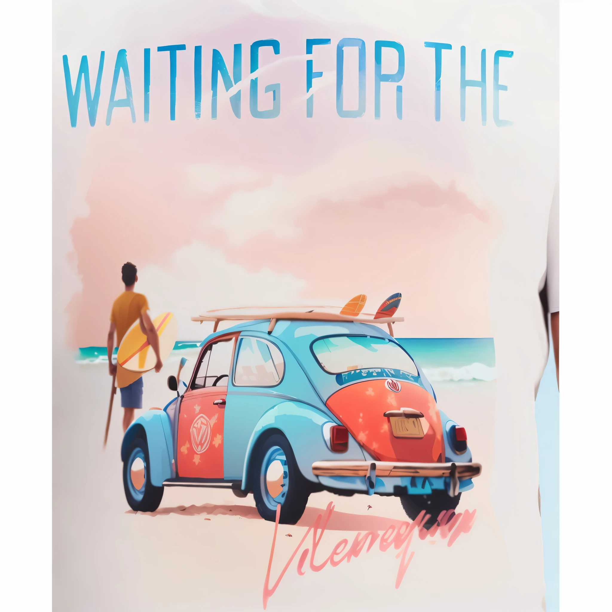 Volkswagen Beetle arado com prancha de surf nas costas, summer shirt, Esperar, graphic print, Waring uma camisa havaiana, vestindo uma camiseta, summer scenery, standing near the beach, vestindo uma camiseta tie-dye, posing for the camera, na praia, estampado em uma camiseta de linho creme, ao sol, Parecendo quente