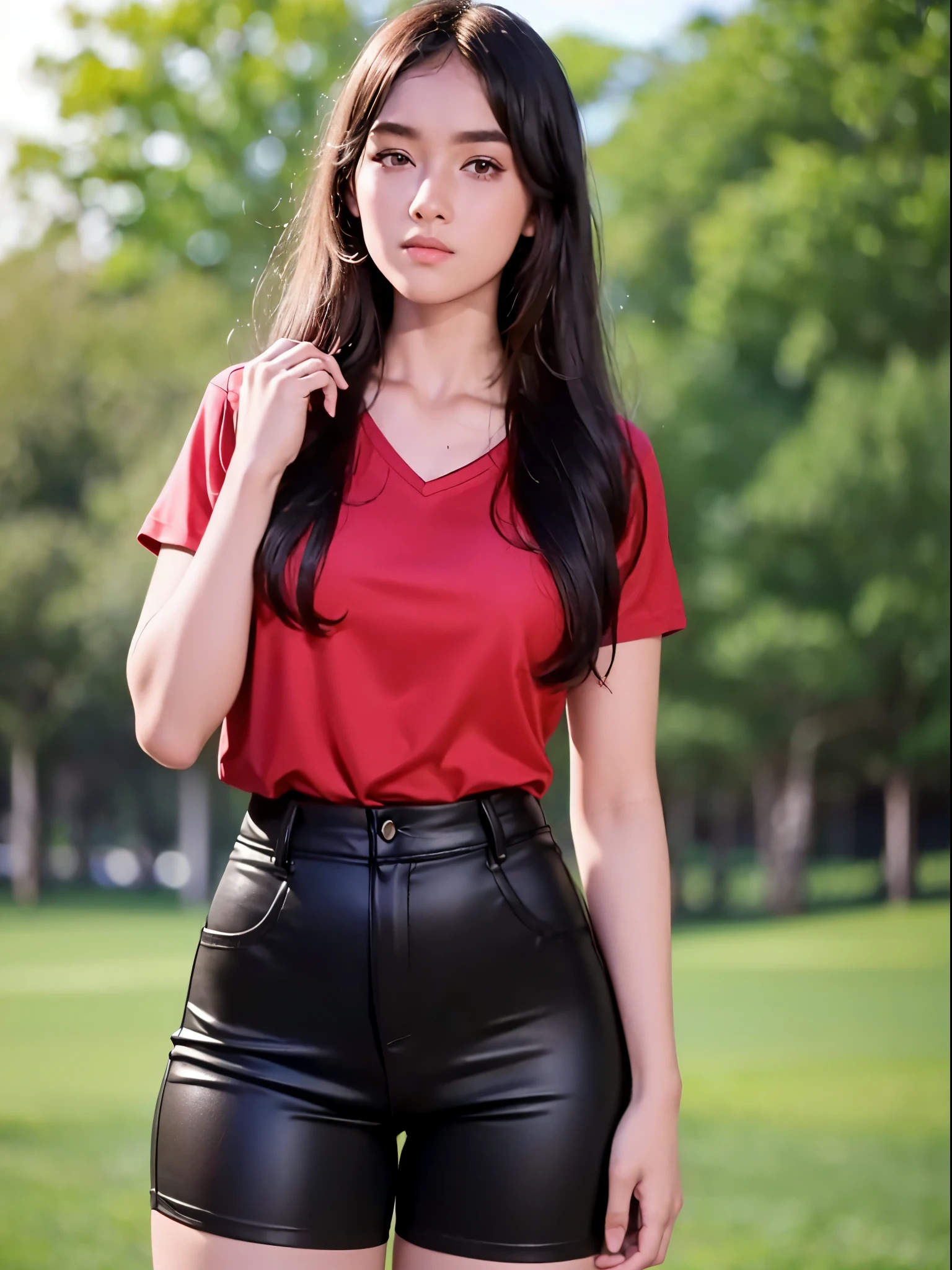 (Masterpiece, Best Quality, High Quality, 8K, UHD), a beautiful girl, 17 years old, (wearing a red tankt_top, tight black shorts, long hair, posing as a model), in a green park. beautiful face, white skin, smooth skin, ideal body, detailed face and eyes,
