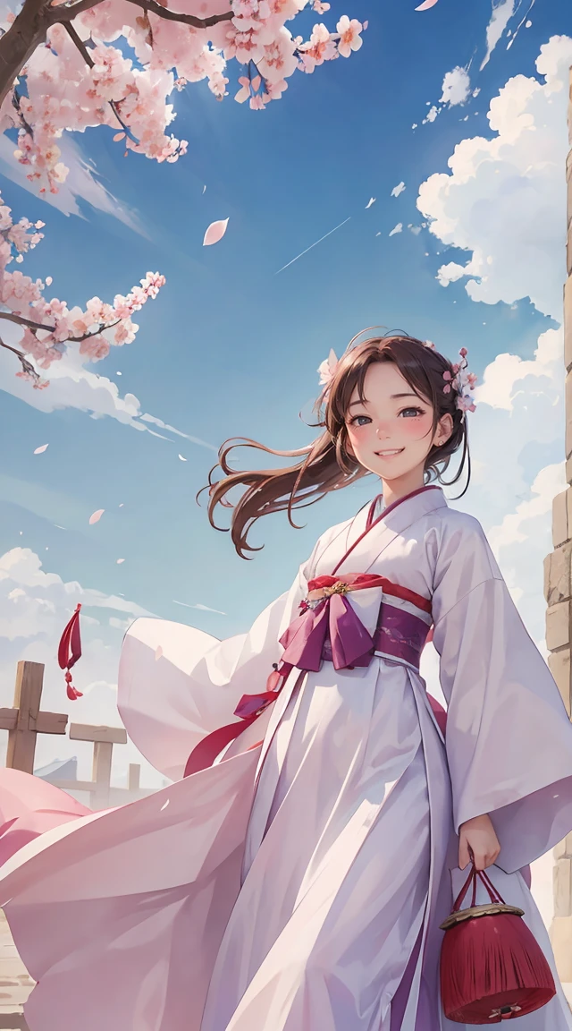 (masterpiece, best quality), hanbok, traditional, ancient, plum blossom, sky, clouds, serene, windy