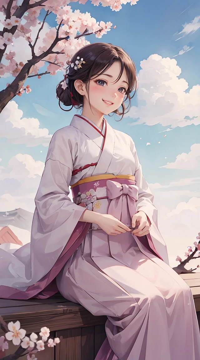 (masterpiece, best quality), hanbok, traditional, ancient, plum blossom, sky, clouds, serene, windy