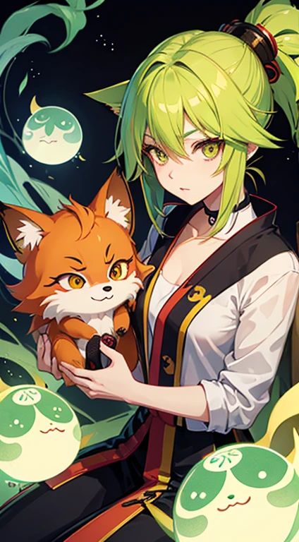Yokai Fox Fem With Yellow Hair And Green Eyes.