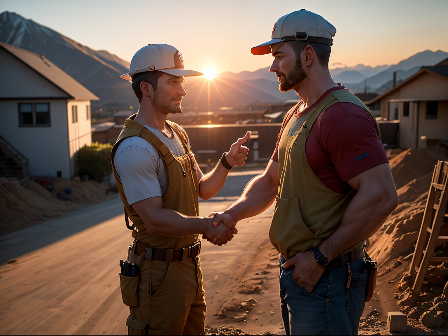 Two Contractors shaking hands near a house under construction, with the sun setting in the mountainous background. Zoom shot of the hands shaking. ULTRA HD, Realistic