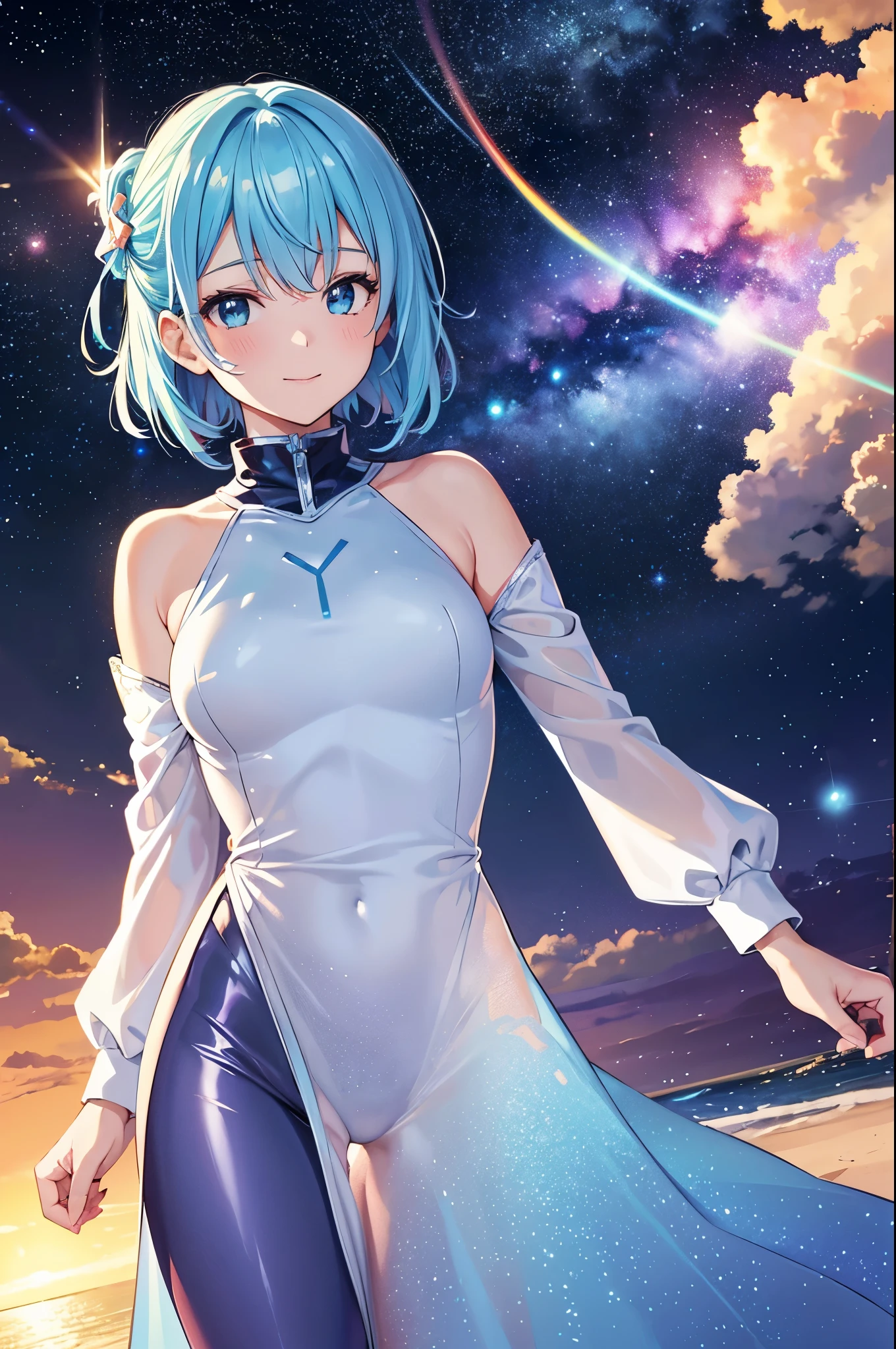 {{{masutepiece}}}, {{best qualtiy, An ultra-fine illustrations, beautifulanddelicatewater}}, {{very delicate light}}, {{Nature, Painting}}, {{Fine Lighting, More transparent stars, Very fine 8K PCG wallpaper}}, (plateau), Sunrise, randomly distributed clouds, cliff, ((Rotating starry sky)), Beautiful girl with long light blue hair with luminous particles、Twin-tailed、adorable smiling、facing front、Super Gloss Metallic Coral Rainbow Transparent Holographic Suit:1.2),colorful outfit