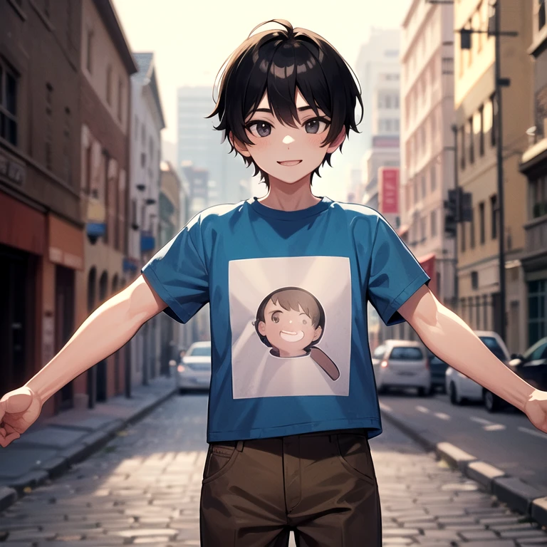 masterpiece, best quality, 1boy, solo, , black hair, black eyes, blue t-shirt, shorts, brown pants, looking at viewer, smile