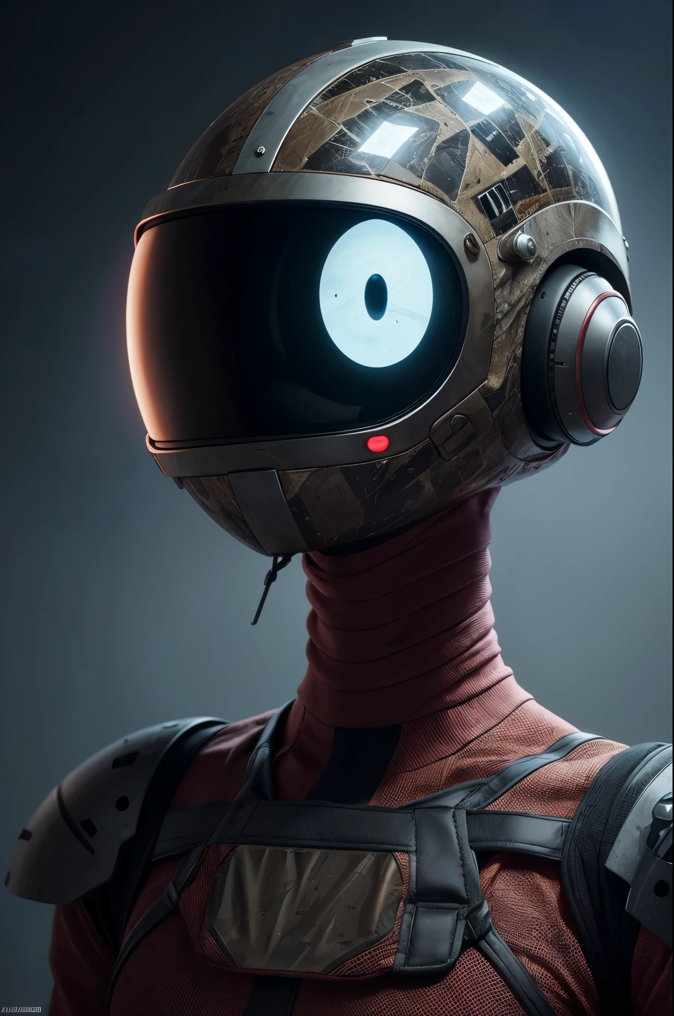 A Modern flat toon Crazy whit a Big ONE a Only Eye Robot and helmet Style, tongs in hands, Tv head, pinhead, camouflage PINK Rusty, Ambient in a meteorite crater super detailed, center, beautiful, soft lighting, focused on the character, 4K resolution, photorealistic rendering,