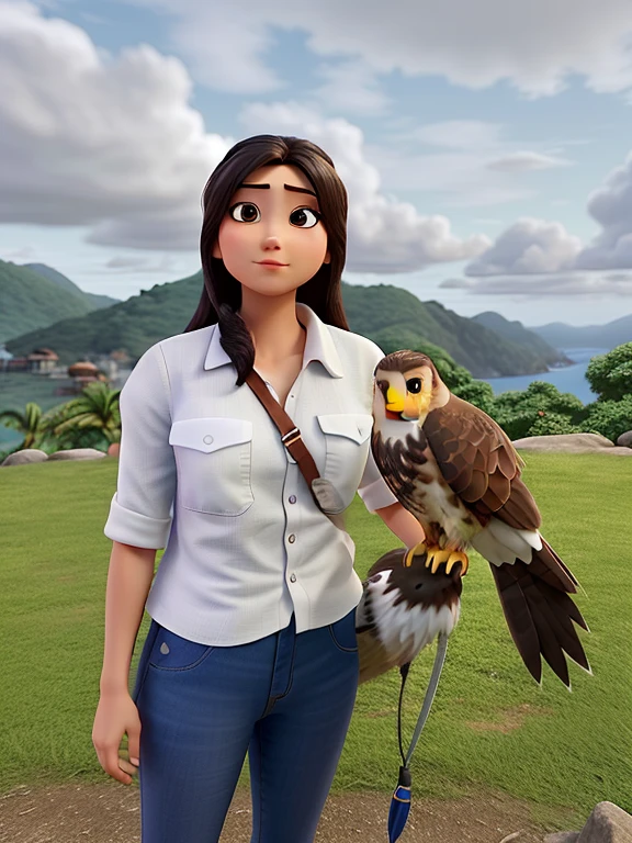 mulher oriental, cabelo castanho liso, white shirt holding a hawk, estilo pixar
