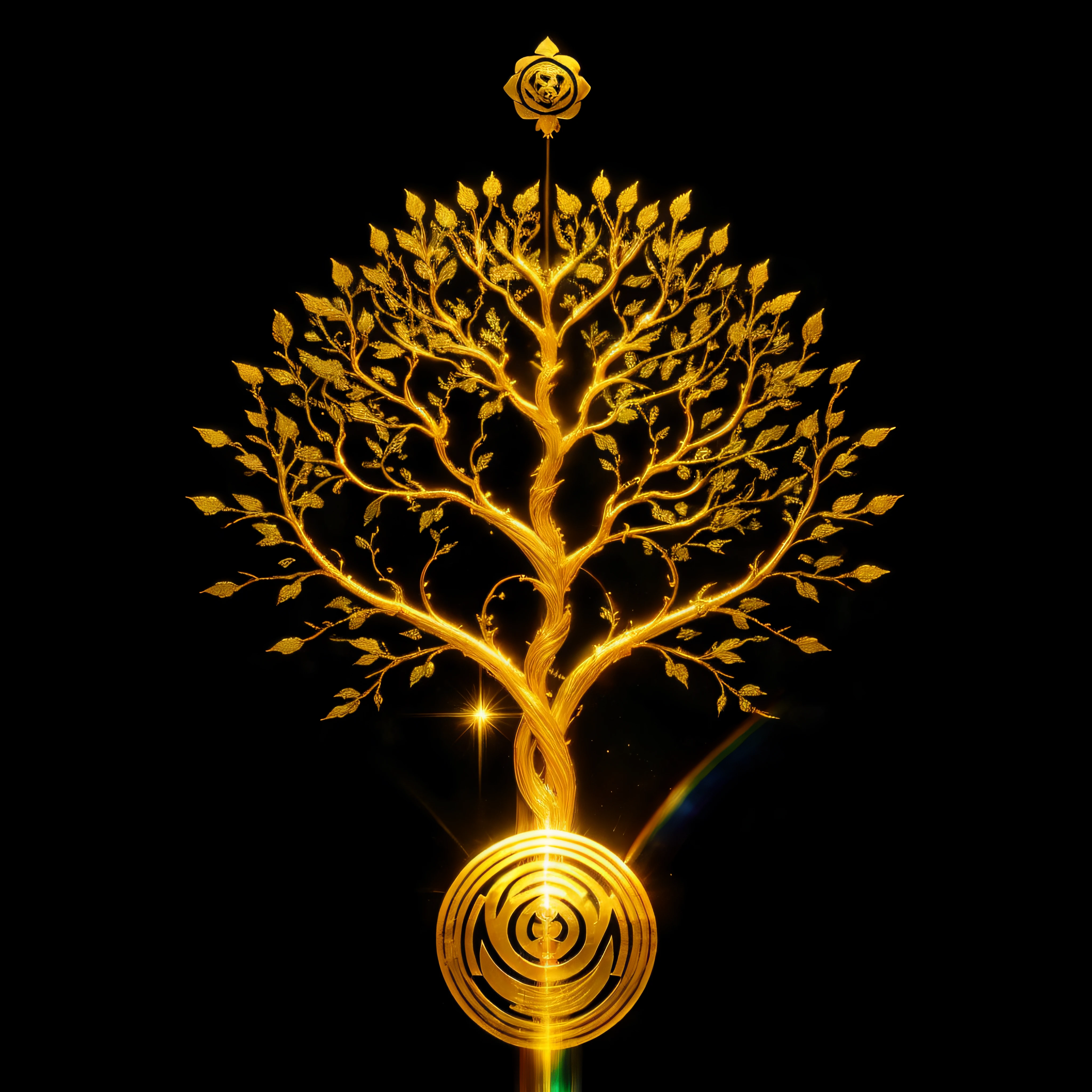 Bodhi tree, symbol of Buddhism, iridescent in rainbow colors, with a golden aura around him with a very bright divine light descending from the sky, High Definition Image, detalhamento alto e estilo fotorrealismo. Imagem com pelo menos 300 dpi, UHD 8k